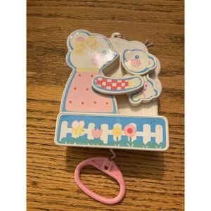 Tomy Baby Crib Mobile Toy Bear Girl Pink Flowers Fence Music Box Wind Up